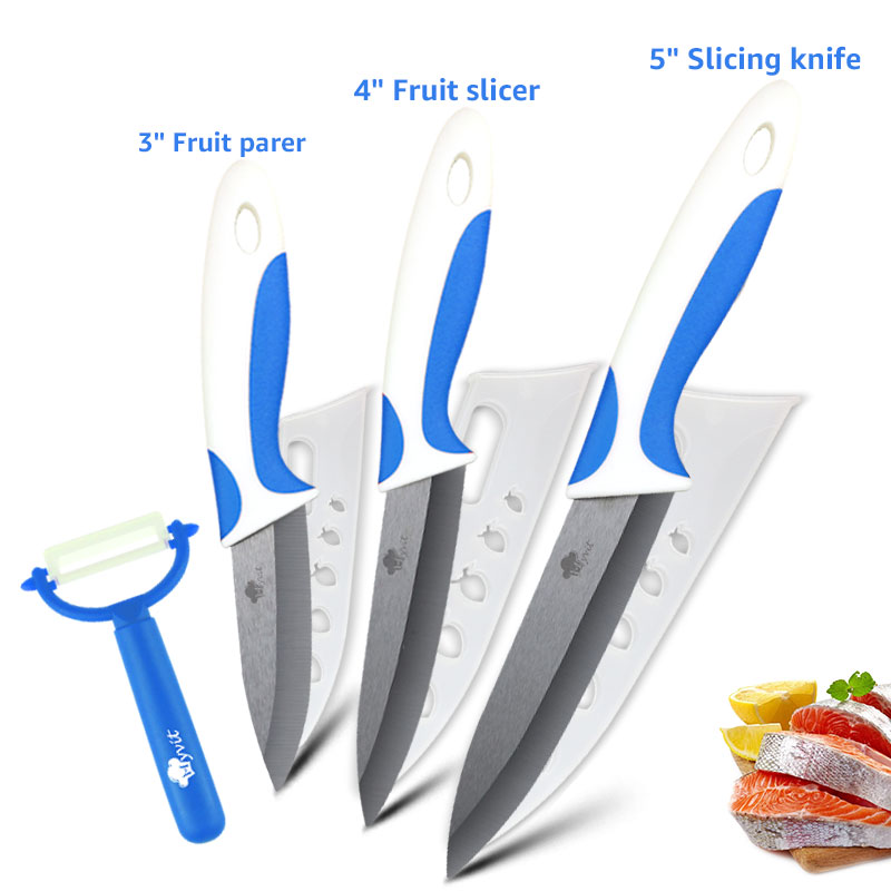 Kitchen Ceramic Knife 3 4 5 6 inch + Peeler Chef Paring Utility Slicing Fruit Vegetable Knife Black Blade Kitchen Cooking Tool: 345 BLUE WHITE