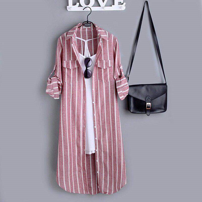 Neploe koreansk sommer solcreme bluse frakke plaid stribet langærmet skjorte mellemlang løs blusas top 4 a 893: Rød / M