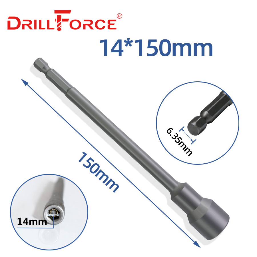 Drillforce 5.5-19x150mm Magnetic Nut Driver Set Impact Socket Sleeve Adapter Screwdriver Drill Bit 1/4" Quick Change Hex Shank: 14x150mm
