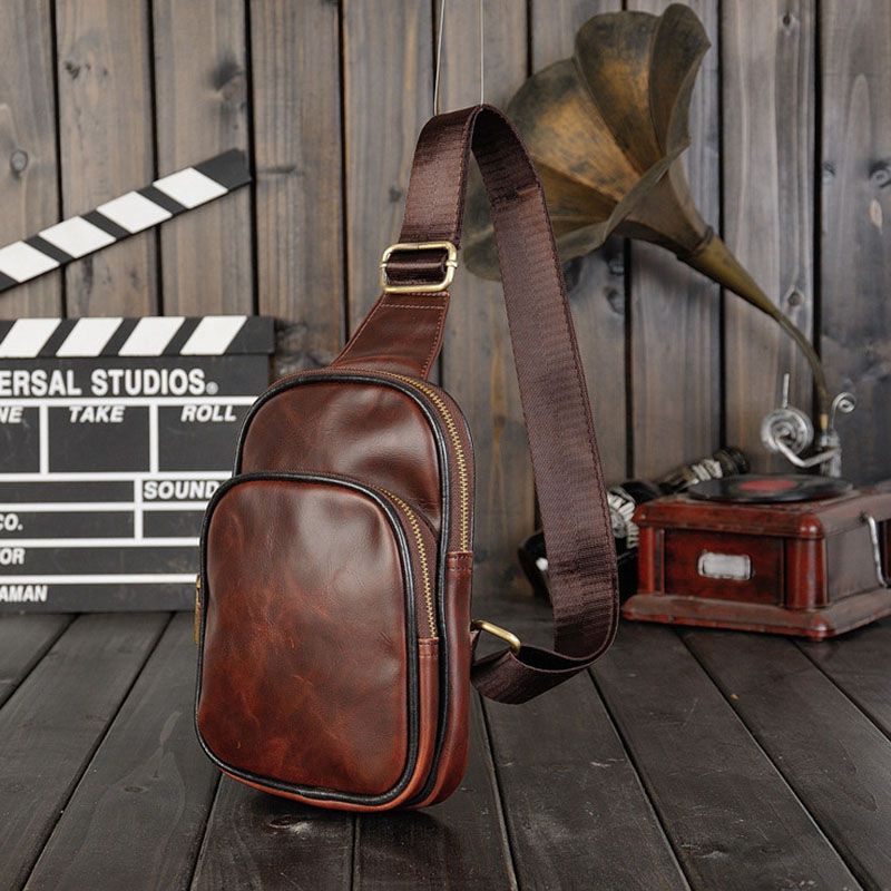 Heren pu leren borstfietstas, schoudertas, kleine dagrugzak, portemonnee (koffie)