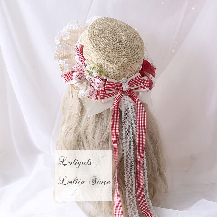 Sombrero de paja para mujer, sombrero de sol Mori Girl con lazo a cuadros: Rojo