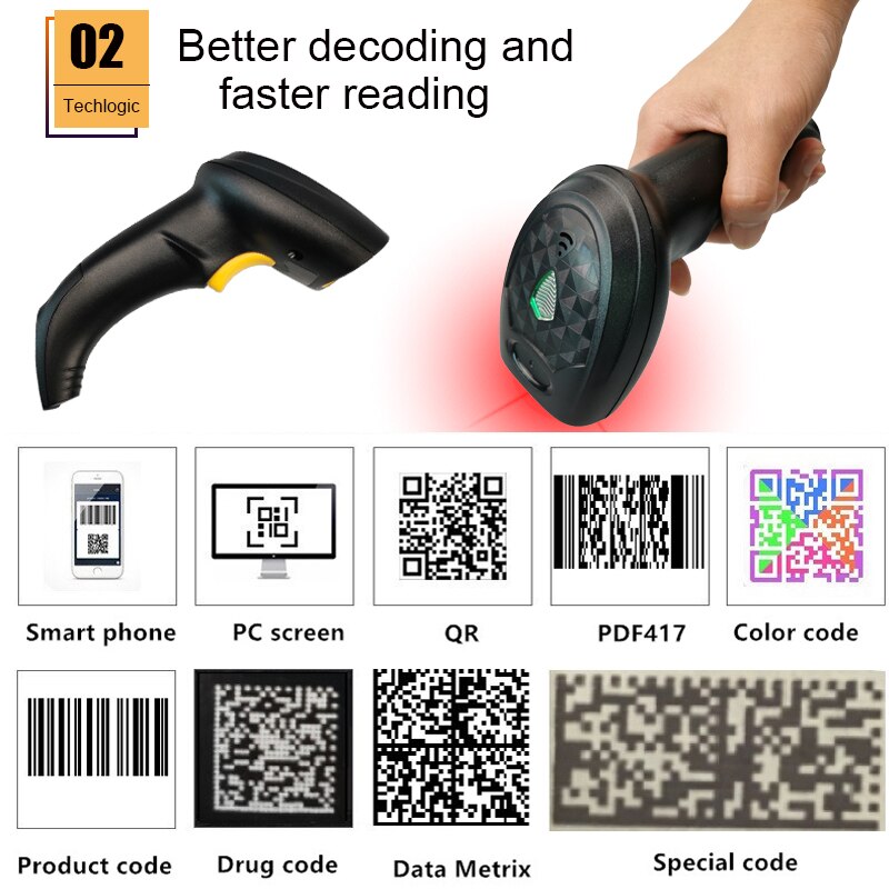 Wireless Barcode Scanner Bluetooth Code Reader 1D/2D QR Bar Code Scanner Support Mobile Phone iPad Handheld Reader POS Inventory