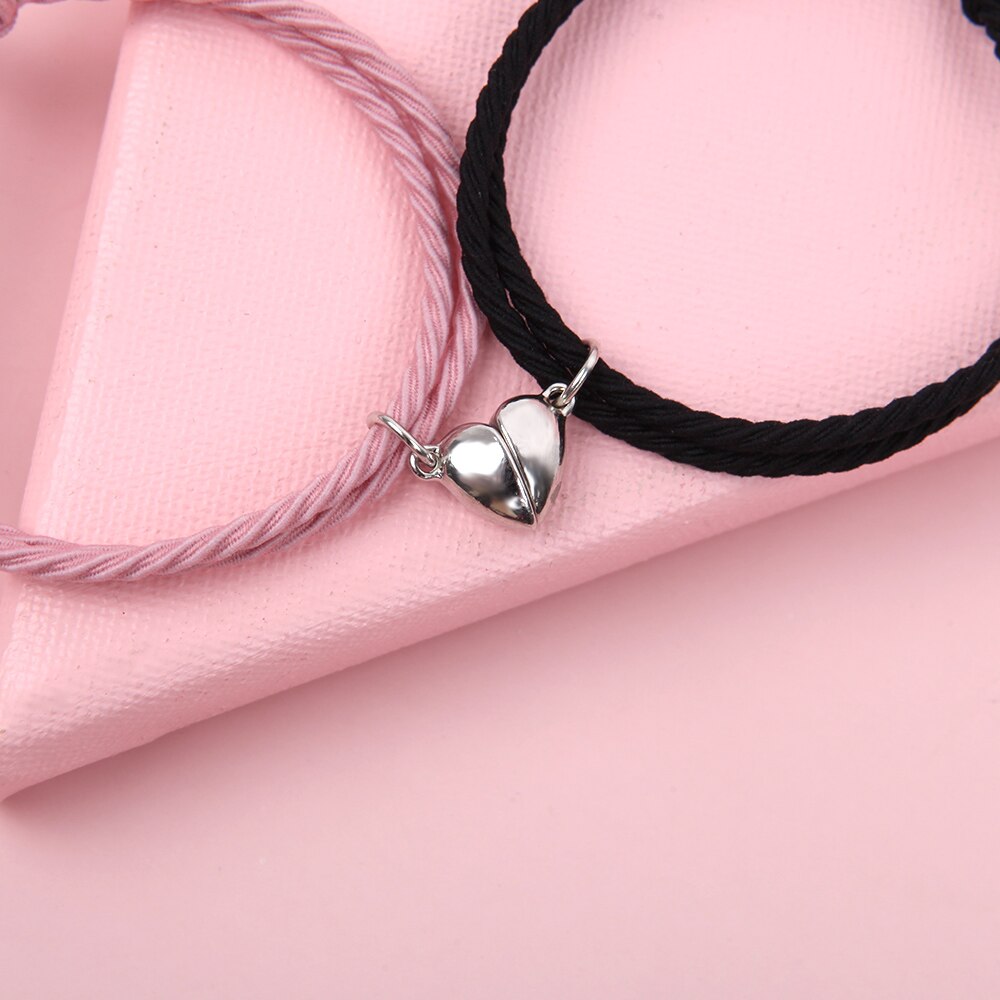 2Pcs Couple Minimalist Heart Lovers Matching Friendship Bracelet Rope Braided Magnetic Distance Bracelet Kit Lover Jewelry