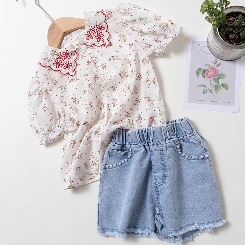 Vfochi piger bluse sommer børn toppe ren bomuld piger kortærmet skjorte børn bryllup tøj baby pige top t-shirts