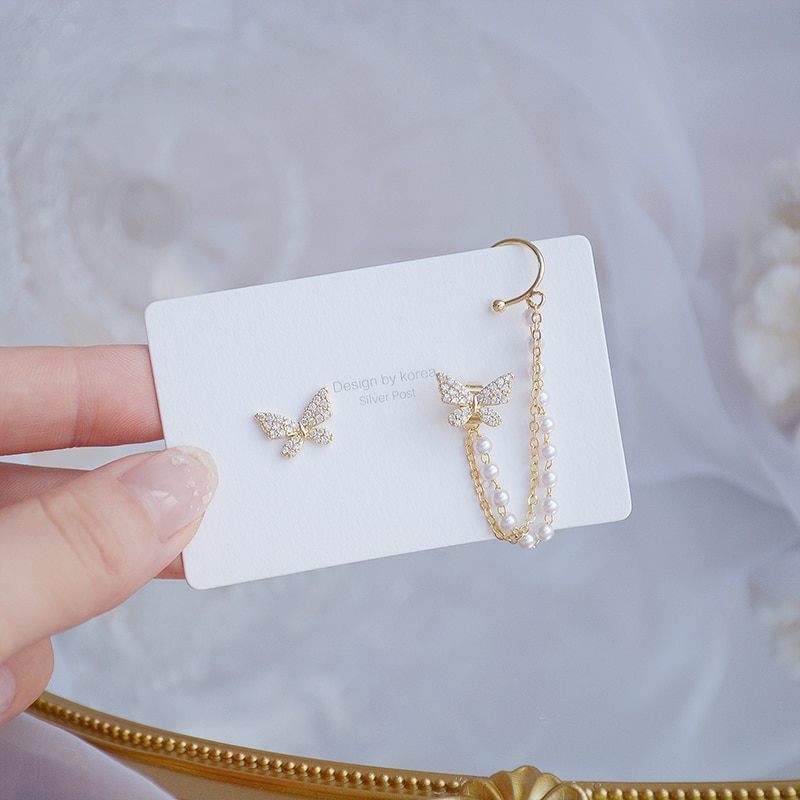 Tempérament coréen perle papillon oreille os Clip boucles d'oreilles 14k véritable or Bling Delite Zircon boucle d'oreille de mariage bijoux de mariée