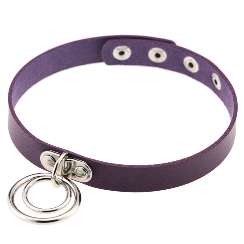 Popular Choker Collar Necklace Double Ring O Leather Gothic Bracelet Women: Purple