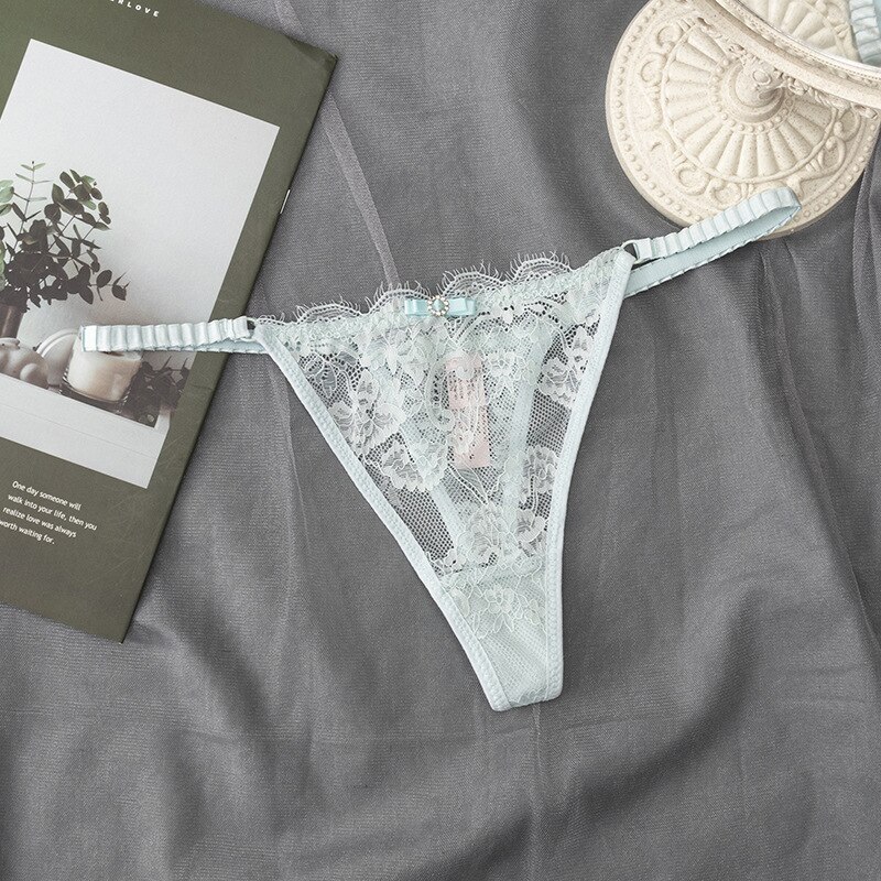 European Style Thong Sexy Lace Panties Low Waist Seamless Hollow Out G-Gtring Women&#39; Transparent T Pants Female Lingerie: Light blue