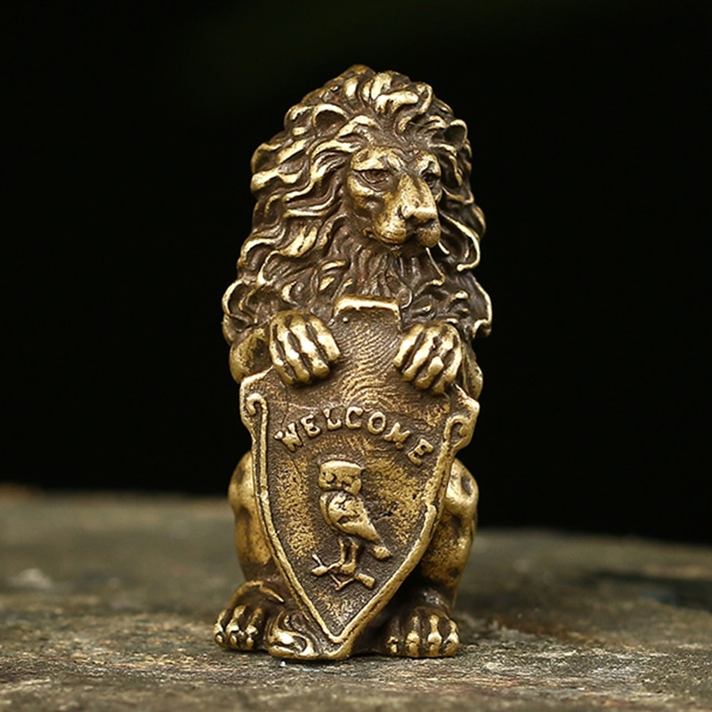 Antik bronze velkommen afskærmet løve konge statue hjem feng shui dekorationer heldig kobber ugle miniature figurer bordpynt