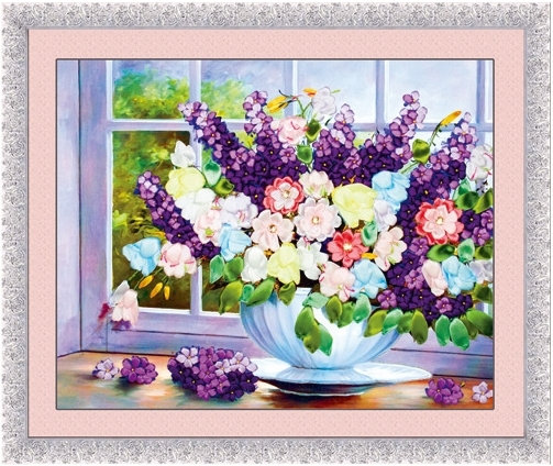 Purple lavender vase cross stitch kit needlework 3D DIY diamond Ribbon embroidery painting craft wall sticker home decorate: with circle