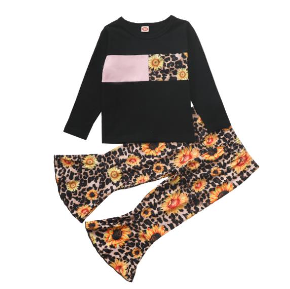 Ropa de otoño para niñas pequeñas, Top de manga larga con estampado de leopardo Floral + Pantalones de fondo de campana conjunto de trajes de 2 uds: 12 meses