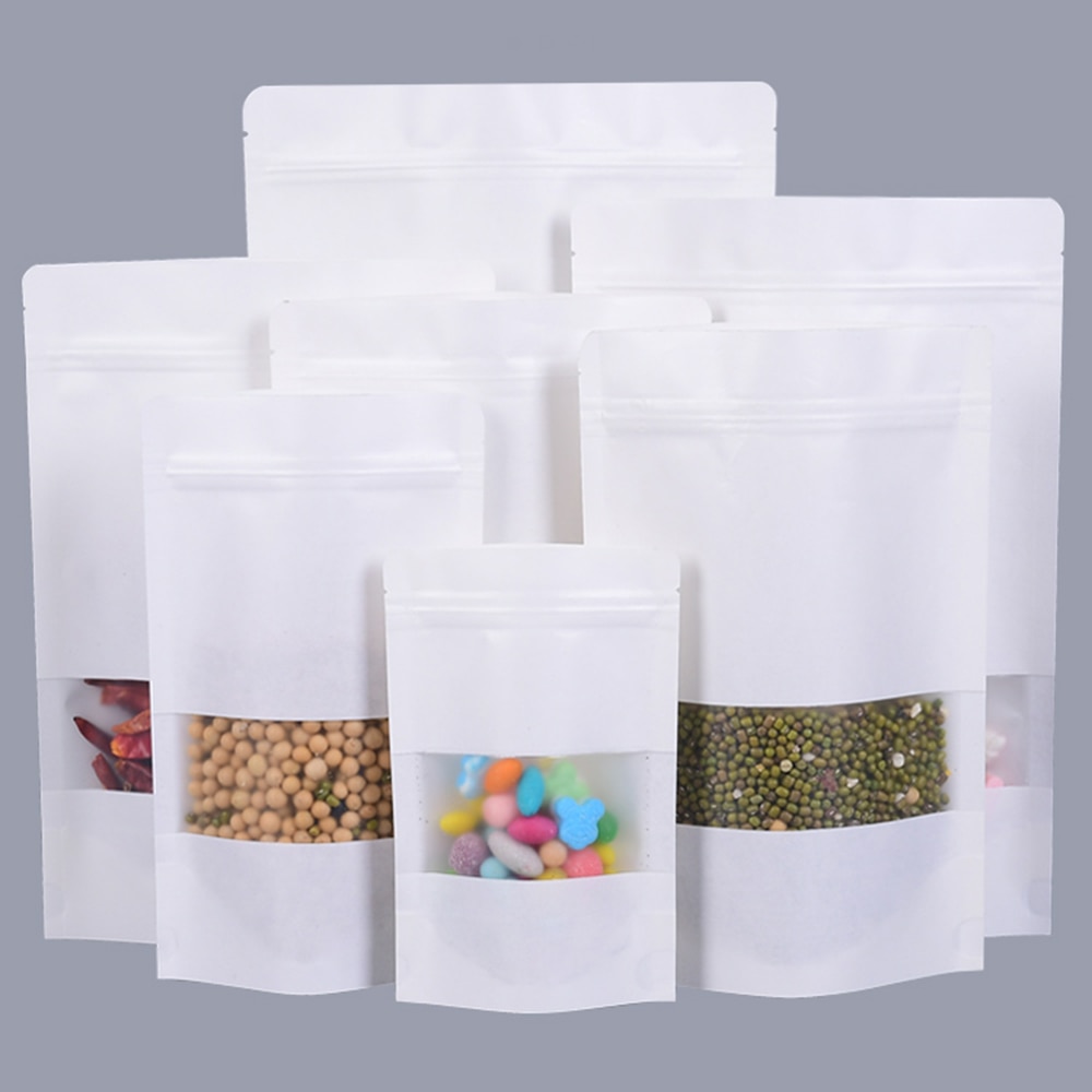 50pcs White Kraft Paper Bags Stand Up Zipper/zip Lock Candy Tea Dried Fruit Packaging Moisture-proof Open Window Pouch