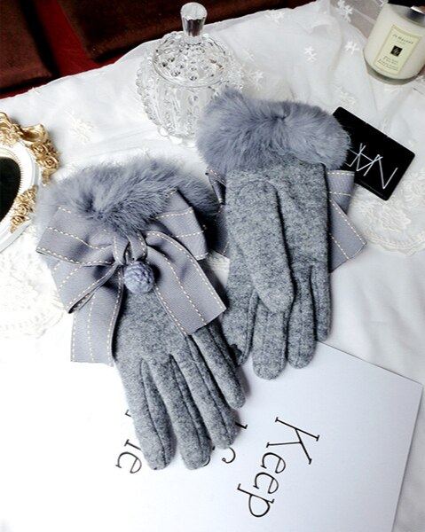 Cashmere Gloves Wool Piece Jump Point Bowknot Hair Ball Gloves Korean Touch Screen Five-Finger Warm Gloves: A384-1