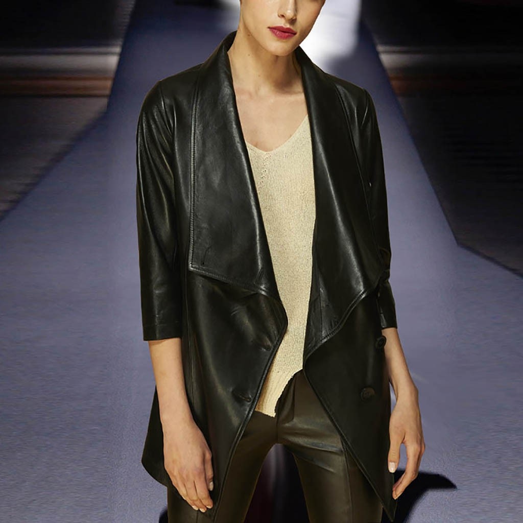 Lady Casual Solid Color Button Leather Jacket Women Long Sleeve Rivet Long Biker Jacket Coat Blouse Chaqueta Cuero Mujer