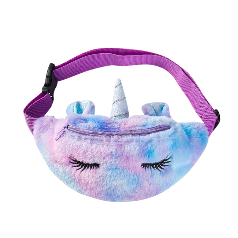 Cute Unicorn Children's Fanny Pack Girls Waist Bag Plush Toys Belt Gradient Color Chest Bag Cartoon Coin Purse Travel Chest Bag: purple B