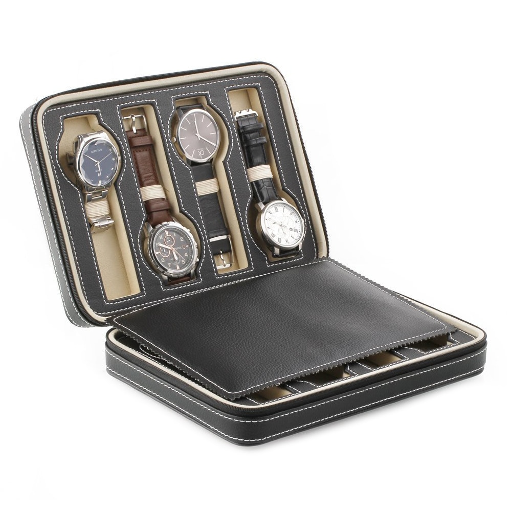 8 Grids Watch Display Storage Box Case Tray Zippered Travel Watch Collector Case Faux Leather Black