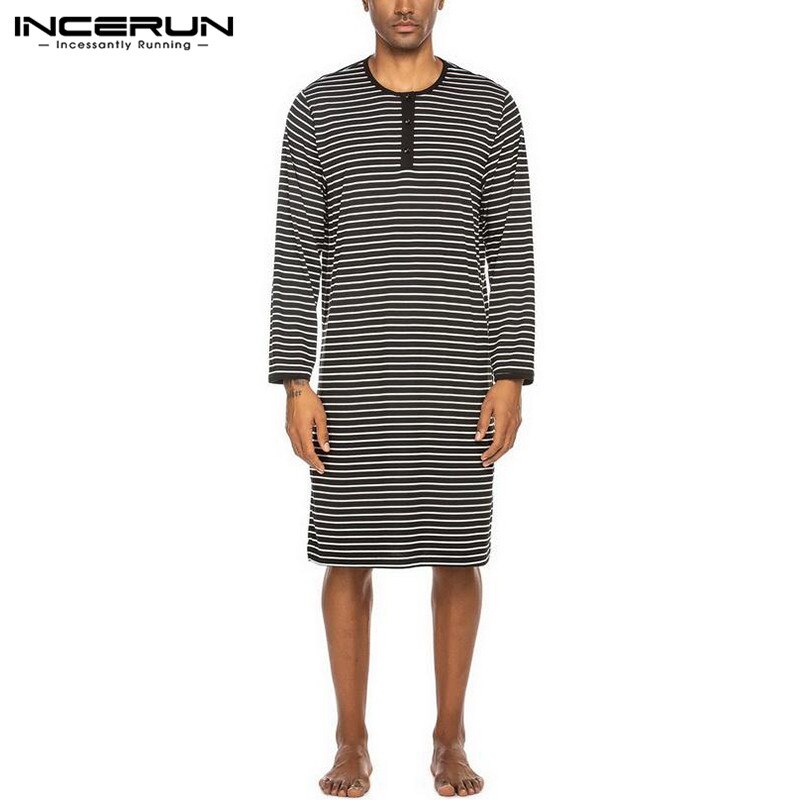 INCERUN Striped Men Sleep Tops Long Sleeve Breathable Casual O Neck Comfortable Dressing Gown Loose Sleepwear Mens Homewear