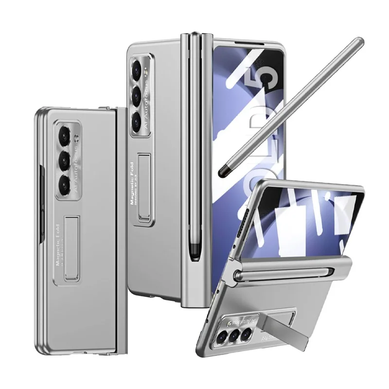 Luxe Pc Case Voor Samsung Galaxy Z Fold 5 3 4 Case Met S Pen En Pen Houder Scharnier Bescherming Ingebouwde Screen Protector Stand: ABS / Zilver