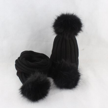 HEALCOLD Jungen Mädchen Hütte Schal einstellen freundlicher Pelz Bommel Mützen Schal Winter Schal Hütte Für freundlicher: Schwarz Hut Schwarz Fell
