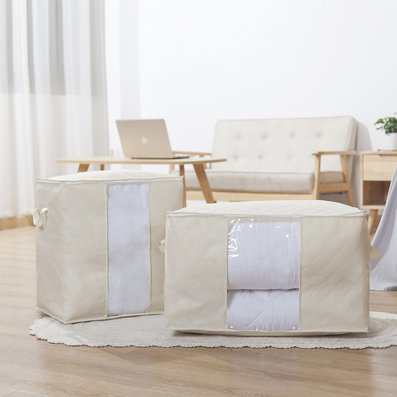 Foldable Storage Bag Home Non-woven Fabric Zipper Blanket Quilt Storage Organizer Bedroom Clear Closet Organization for Clothes: Beige / 60x42x36cm