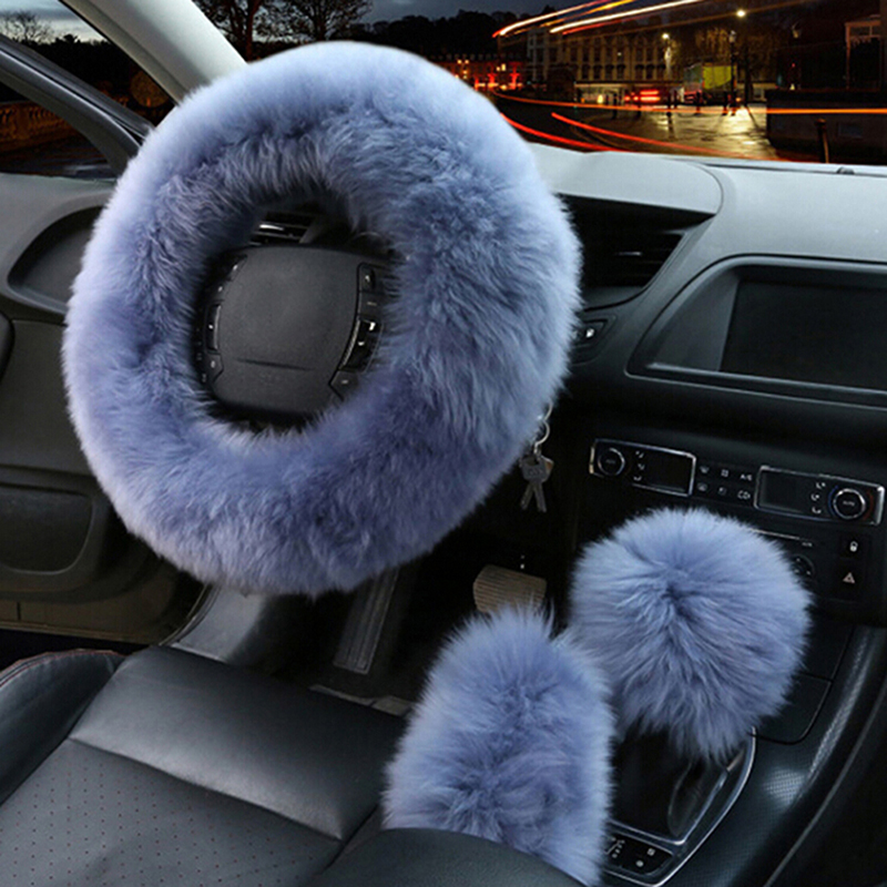Bil lang plys varm rattæppe uld håndbremse universal 3 stk / sæt kunstig pels auto interiør ratdæksler: Gråblå