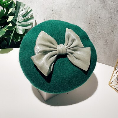 Béret en laine avec nœud papillon pour femme, chapeau avec motif de biscuits, de couleur unie, idéal pour l&#39;automne et l&#39;hiver: 02