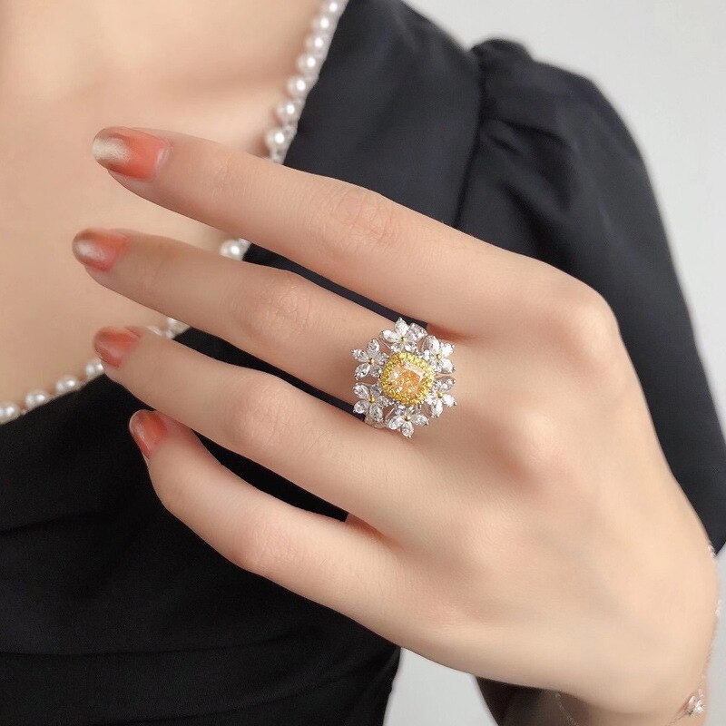 Trendy Jewelry Flower CZ Wedding Bridal Rings for Women Bling Yellow Crystal Promise Engagement Jewelry