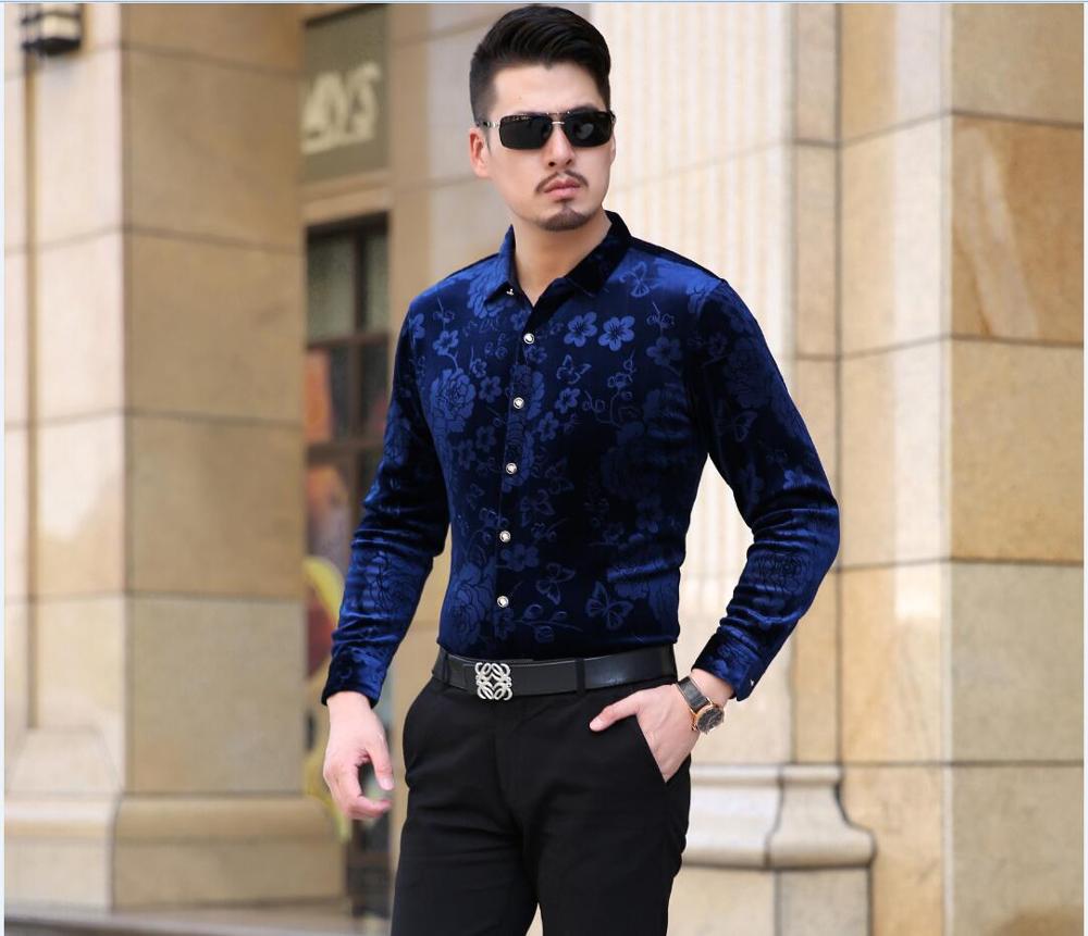 Heren fluwelen overhemd herfst & winter heren bloemen fluwelen overhemd lange mouw heren casual gouden fluwelen overhemden: Blauw / S