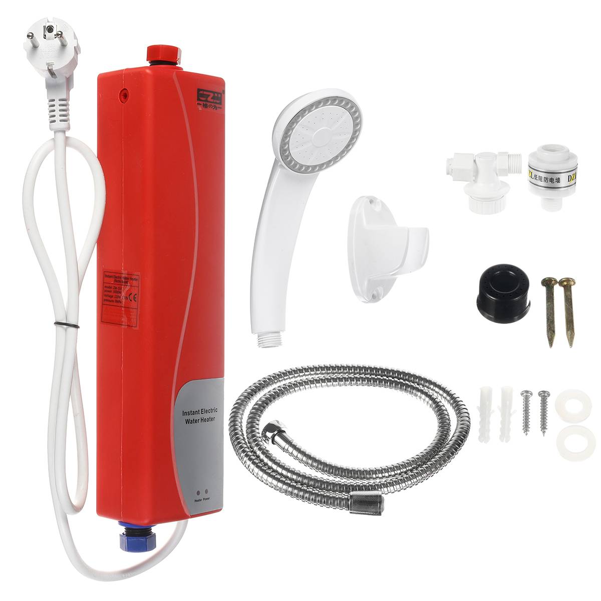 3000W 220V 50Hz Instant Elektrische Tankless Boiler Met Douchekop En Water Pijp Set Keuken badkamer Douche Eu Plug: Rood