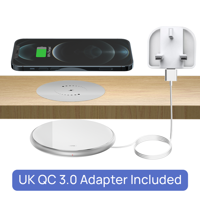 KPON-cargador inalámbrico Invisible, almohadilla de carga inalámbrica de larga distancia oculta para teléfono debajo del escritorio, QI, 10W: White UK Adapter