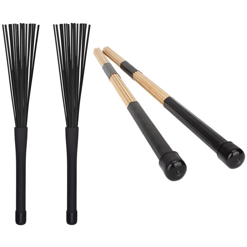2 Pair Jazz Drum Brushes Sticks Made of Bamboo Black 40cm & 32 cm