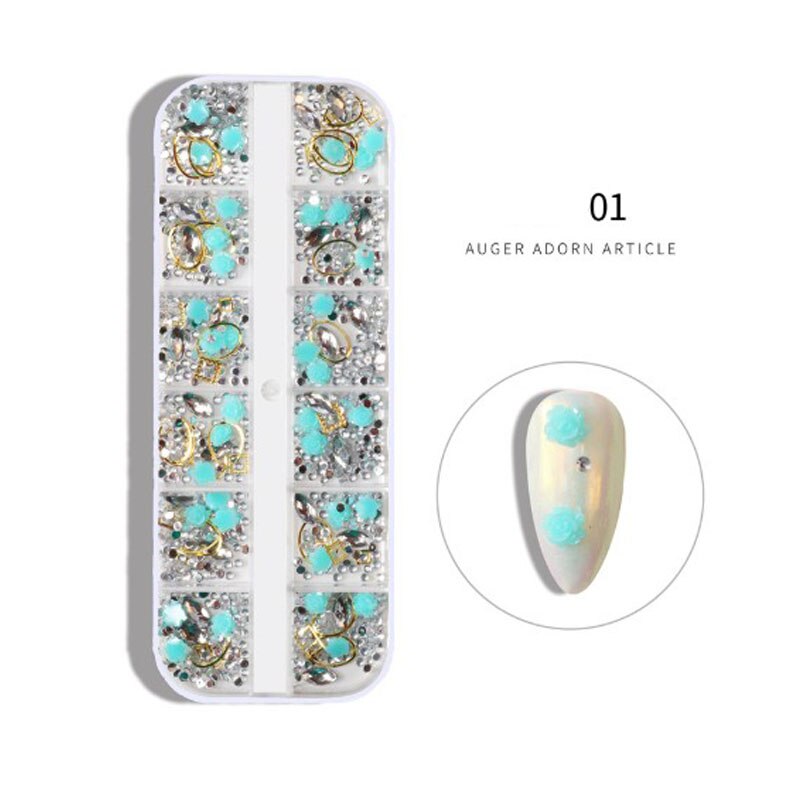 12 gitter farverige krystal alien nitte perle blandet pakke neglesten perler nitter flad ryg skinnende spidser 3d neglekunst dekorationer: 01
