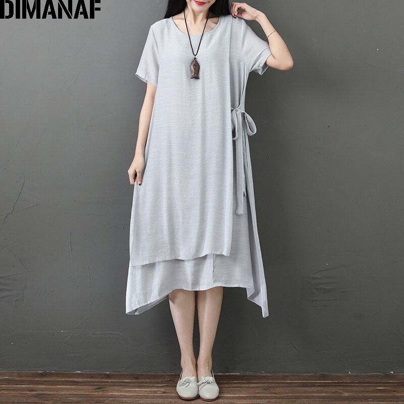 DIMANAF-vestido MIDI holgado informal de algodón y lino para verano, traje holgado Estilo Vintage para mujer, talla grande,