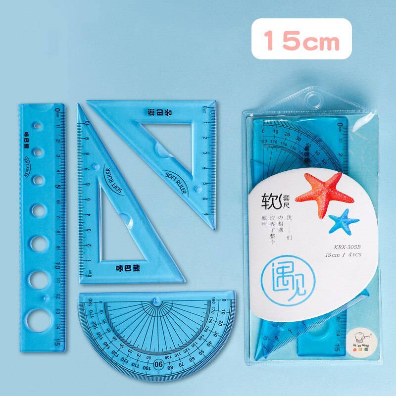 4pcs Combination Ruler Set Multifunctional Soft rubber Ruler student stationery set Children plastic ruler drawing tool: 15cm suit B2