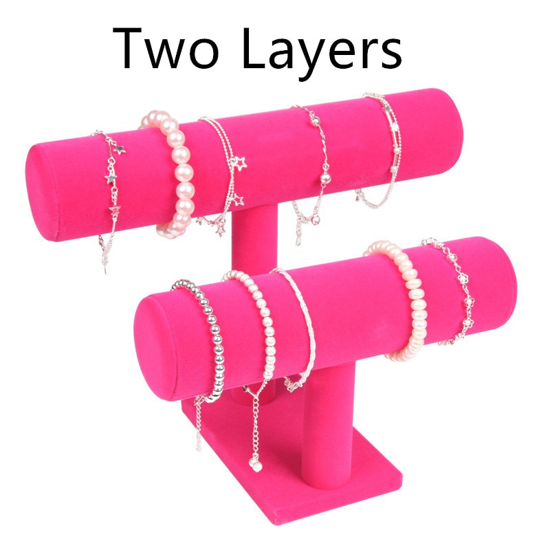 1pcs Vintage PU Leather / Velvet Bracelet Chain Watch T-Bar Rack Jewelry Organizer Hard Display Stand Holder: 2 Layers Rose Pink
