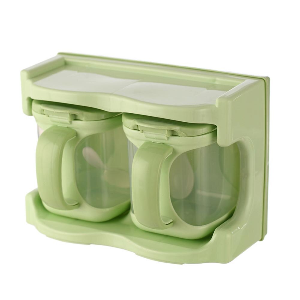 Boîte d'assaisonnement avec cuillères, récipients de cuisine, condiments, pots à épices en plastique, distributeur pour sel sucre Cruet NW: Green two compartmen