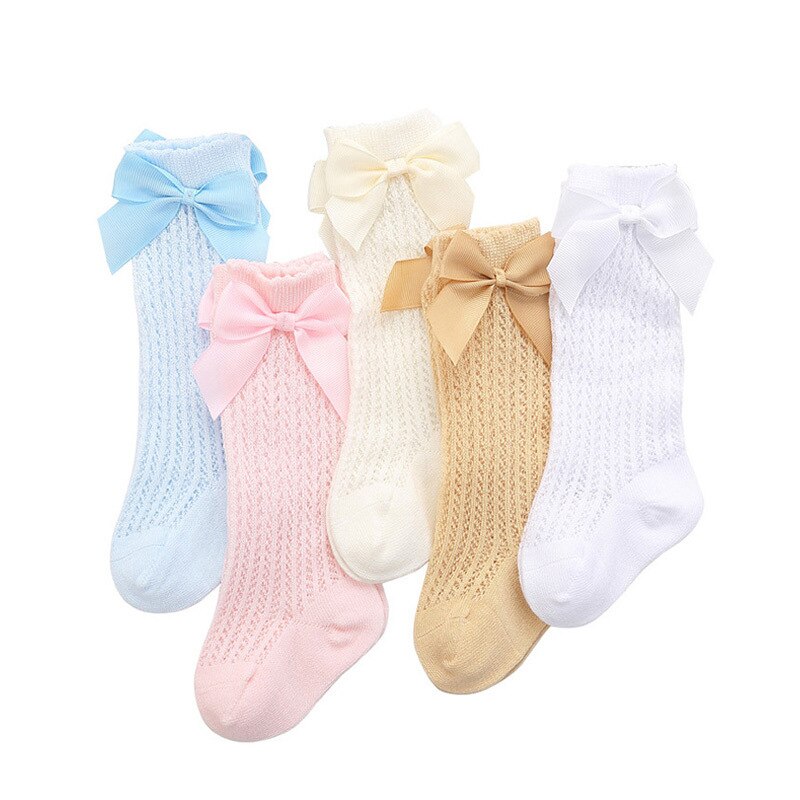 2022 Summer Baby Girls Socks Cute Big Bows Soft Cotton Elastic Solid Color Mesh Newborn Socks Knee High Long Toddler Girl Socks