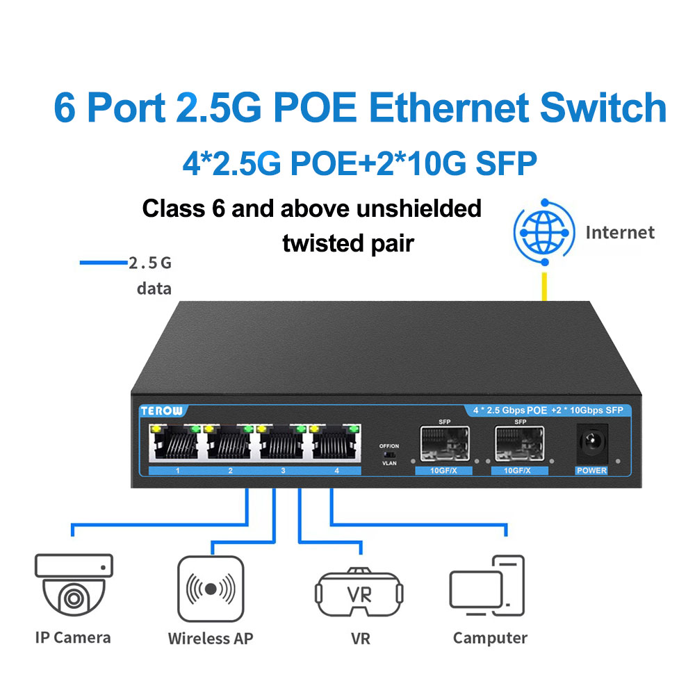 Switch poe não gerenciado de 6 portas 2.5 gb com portas poe base-t 4*2.5g, 2*10g sfp + uplink 802.3af/at (poe +) switch poe 2.5g para nas/pc