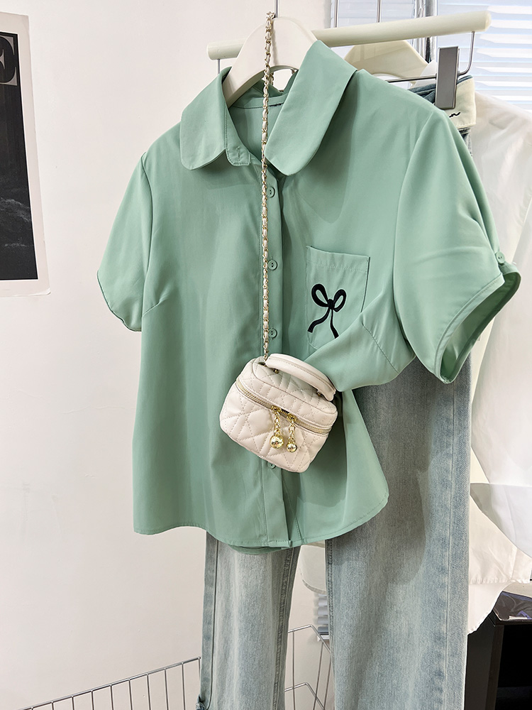 Camisa de manga curta feminina, arco doce coreano, blusa versátil fofa, blusa casual na moda, primavera e verão, nova: M / Verde