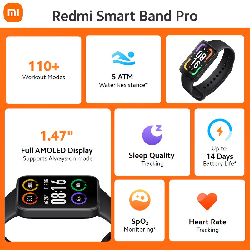 Xiaomi Redmi Clever Band Profi Armbinde 1.47 ''Voll AMOLED 100% NTSC 450 Nit 110 + Fitness 50m ATM modus Tragen App