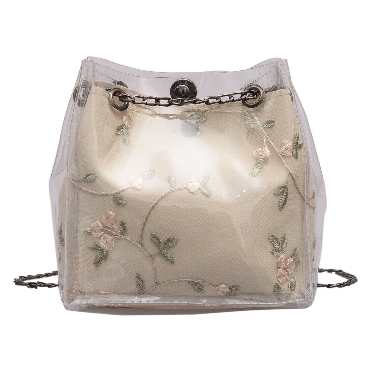 Newest Women Clear Transparent Composite Bag Embroidered Floral Messenger Handbag Crossbody Shoulder Tote Purse: white