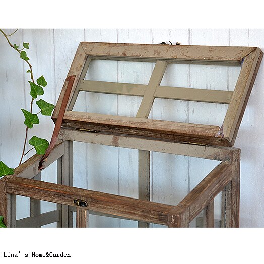 Mini serre vintage, artisanal avec cadre en bois brun antique, panneau en verre