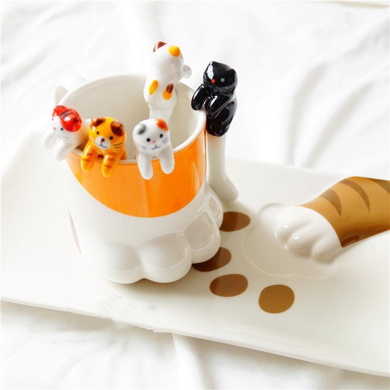 5 Pcs Keuken Tool Novelty Keramische Cartoon Leuke Kat Dier Lepel Opknoping Koffie Dessert Lepel Unieke Ijs Bestek