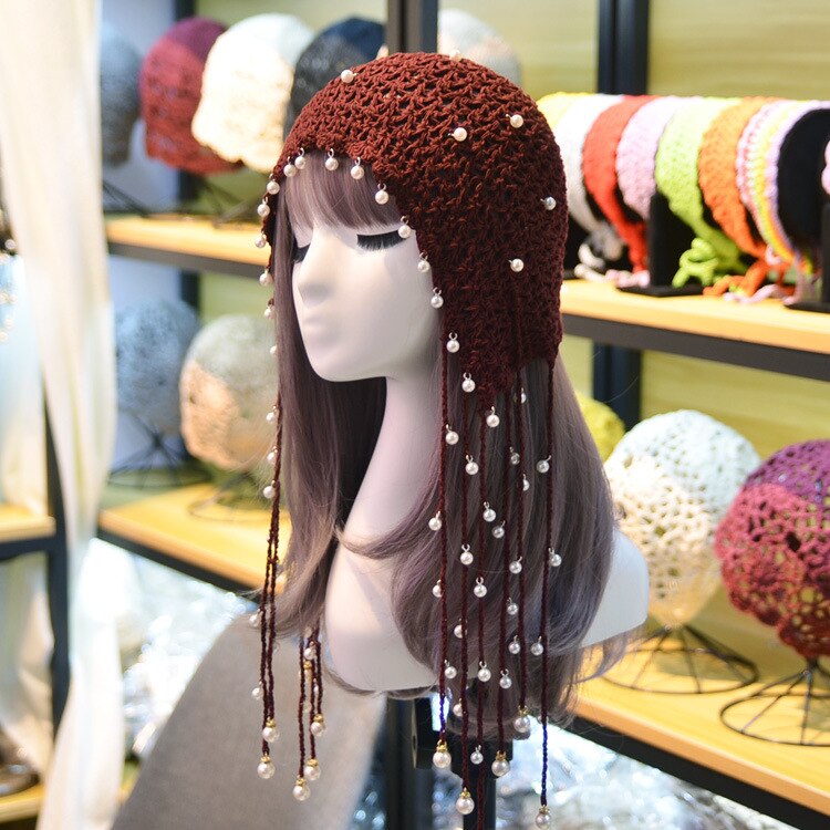 Gorro de punto de para mujer, gorro de ganchillo con perlas, Vintage, con borlas, para todas las estaciones, ZZ-386: 5 Pearl