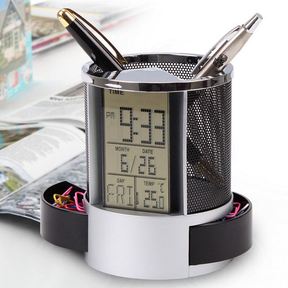 Stylo porte-crayons numérique LCD | Alarme de bureau, maille, minuterie, température, Table, calendrier, horloge de bureau, 2 petits tiroirs