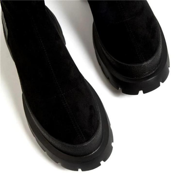 Nova moda feminina deslizamento em salto baixo costura rebanho plataforma botas femininas casual estilo confortável sapatos pretos botas mujer