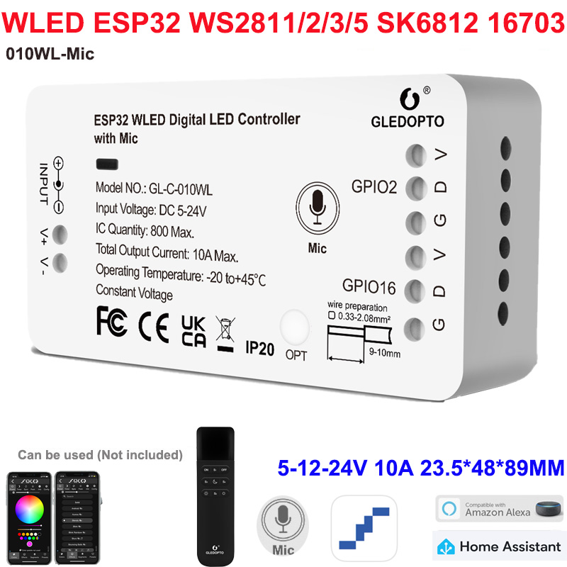 1-10WLED GLEDOPTO RGB Strip Lights with Mic LED Controller ESP32 Music Dynamic Modes for WS2811 WS2812B SK6812 WS2813 WS2815 DIY