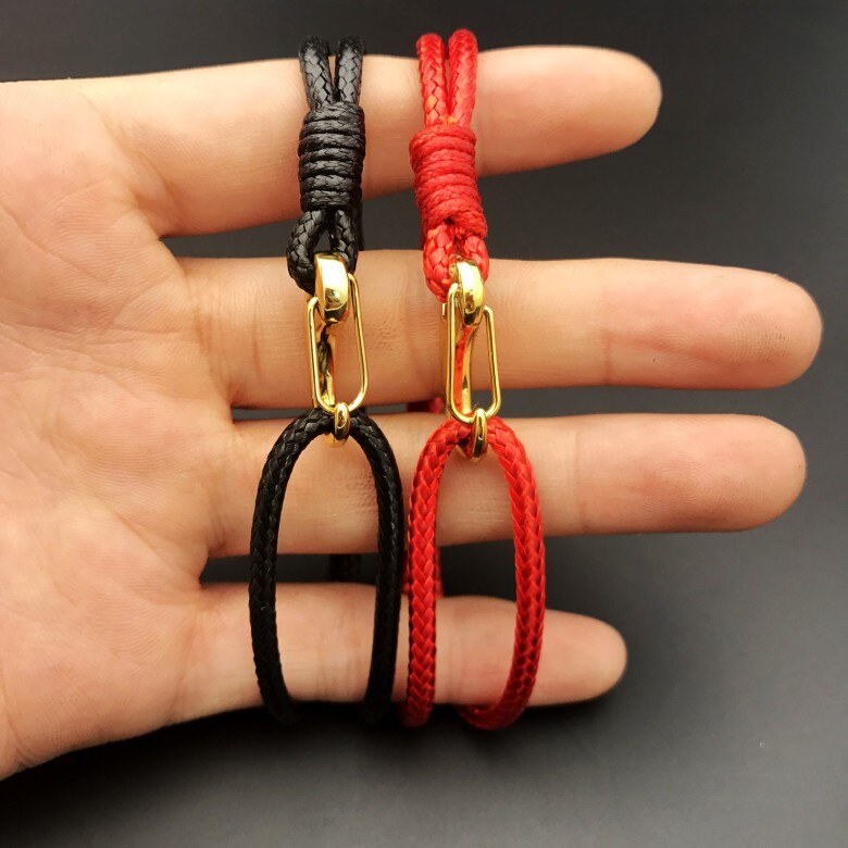 Pulseras de holograma de Color rojo y negro para hombres y mujeres, brazaletes de cordón de cuero tejido a mano, con cuerda roja de la suerte, novedad