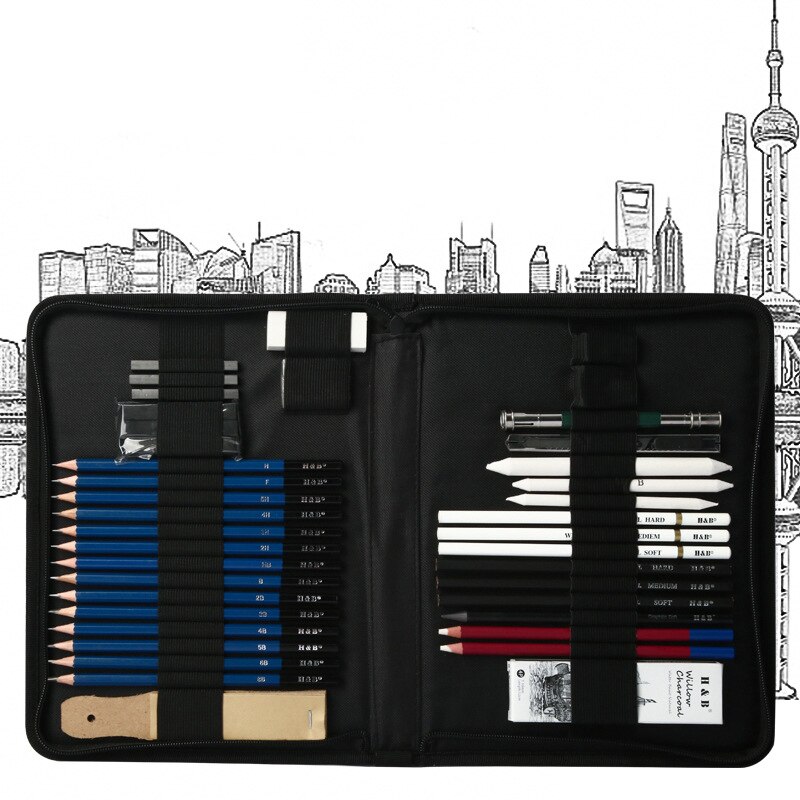 -H & B 45Pcs Art Kit Tekenen En Schetsen Potlood Set Houtskool Potloden Grafiet Potloden Gummen Met Kit Bag accessoires