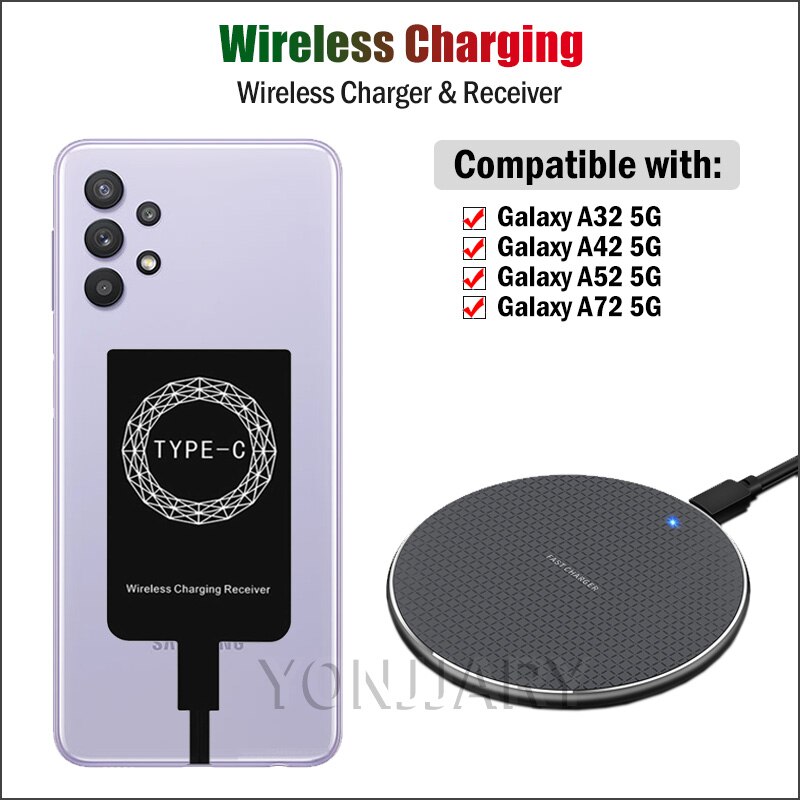 Qi Wireless Charging Receiver for Samsung Galaxy A32 A42 A52 A72 5G A326 A426 A526 A726 Wireless Charger Pad USB Type-C Adapter