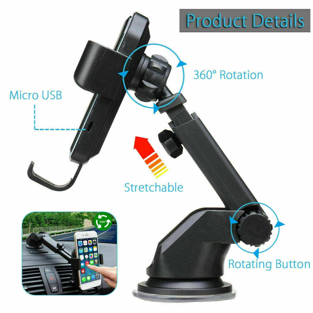 Qi draadloze snellader autolader houder standaard 2 in 1 voor mobiele telefoon